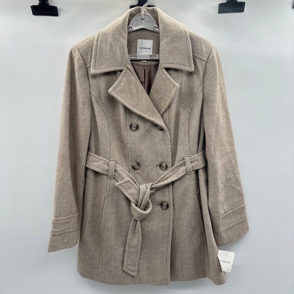 Croft & Barrow Women Large L Oat White Herringbone Wool Blend Pea Coat NWT New